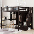 Full Size Espresso Wood Loft Bed with Wardrobe Desk Storage Stairs R45818