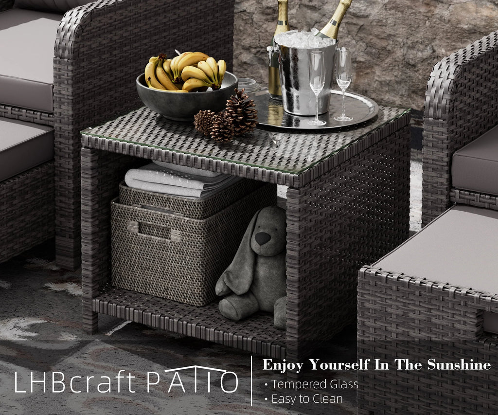 5 Piece PE Wicker Patio Conversation Set with Cushions and Glass Table K7449