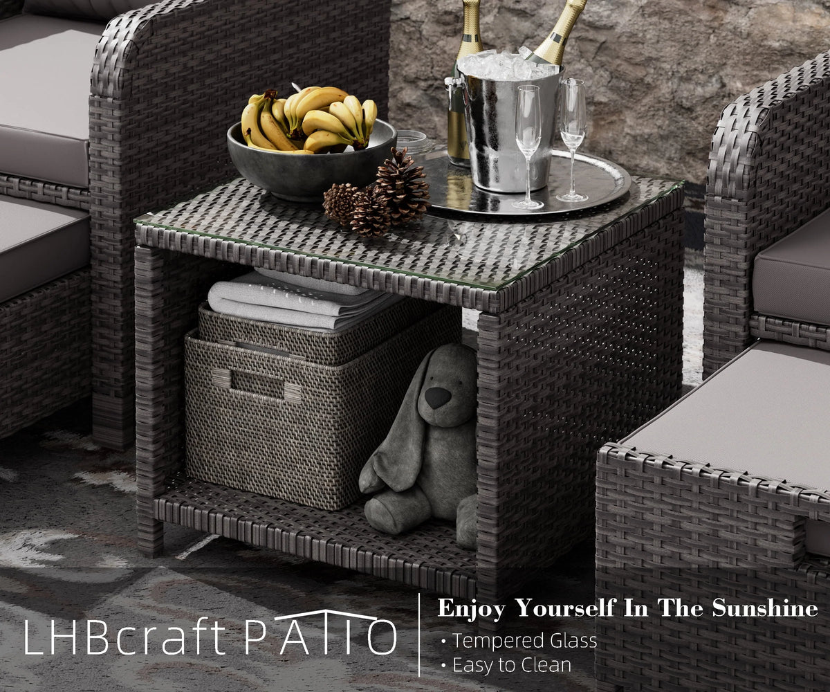 5 Piece PE Wicker Patio Conversation Set with Cushions and Glass Table K7449