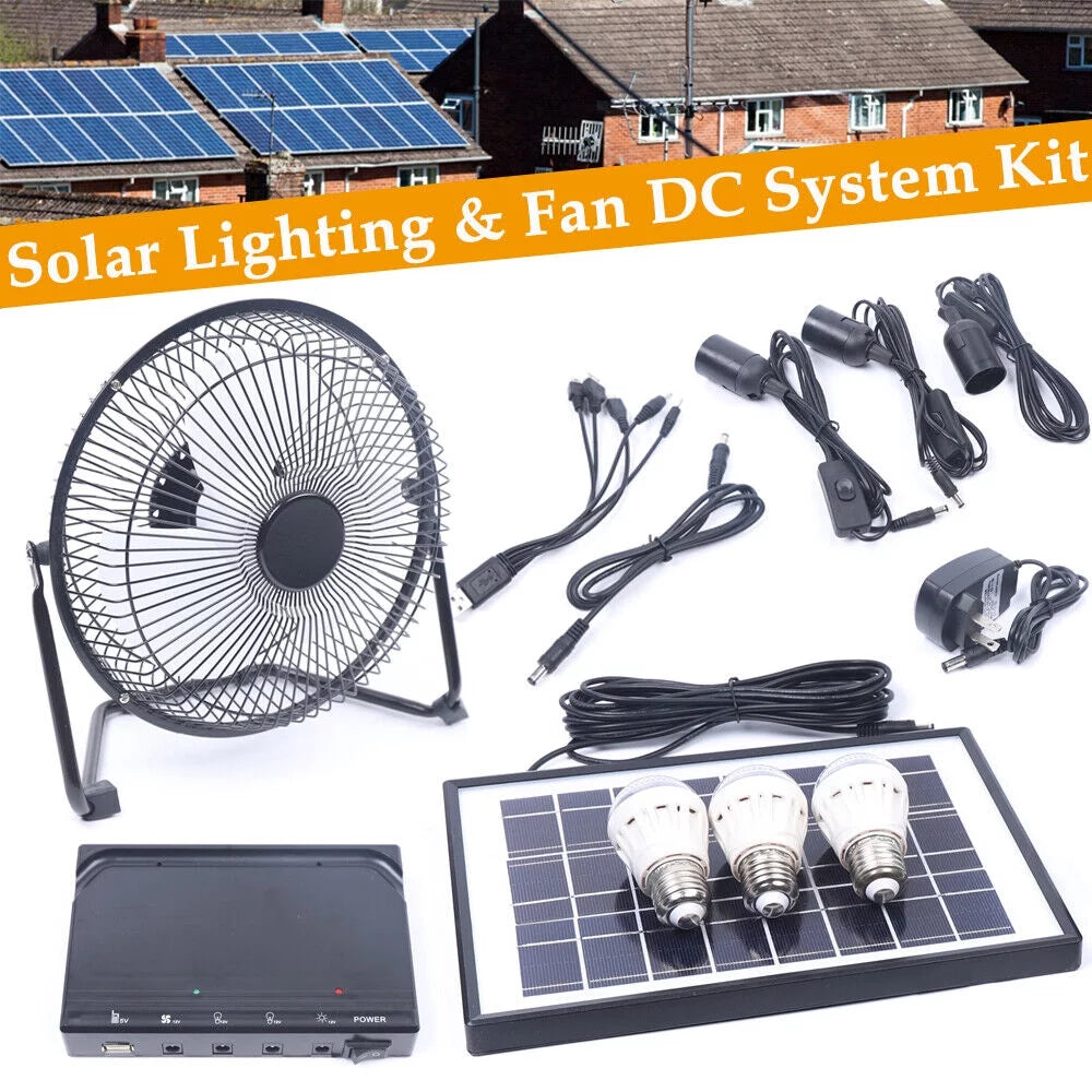 Solar Power Lighting System Kit with 3 LED Lights Fan Solar Panel V914432