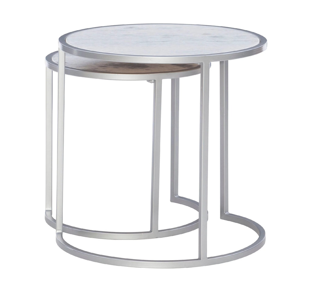 Round Nesting Tables Set of 2 Silver Metal White Marble Tops Z8016