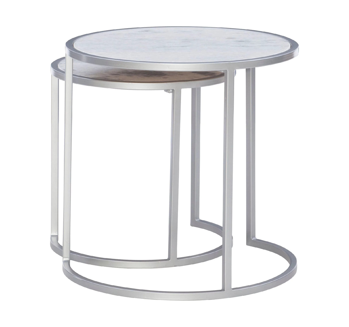 Round Nesting Tables Set of 2 Silver Metal White Marble Tops Z8016