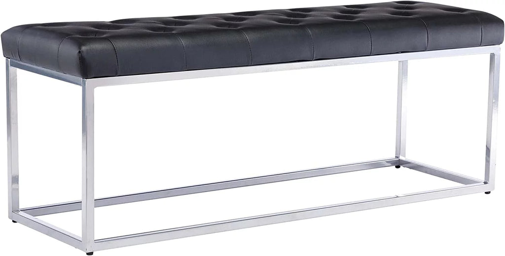 Black Tufted Leather Upholstered Bench with Metal Base D995715