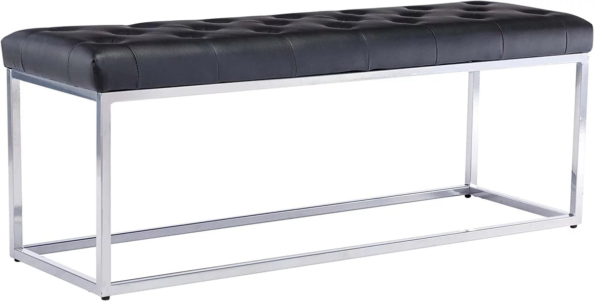 Black Tufted Leather Upholstered Bench with Metal Base D995715