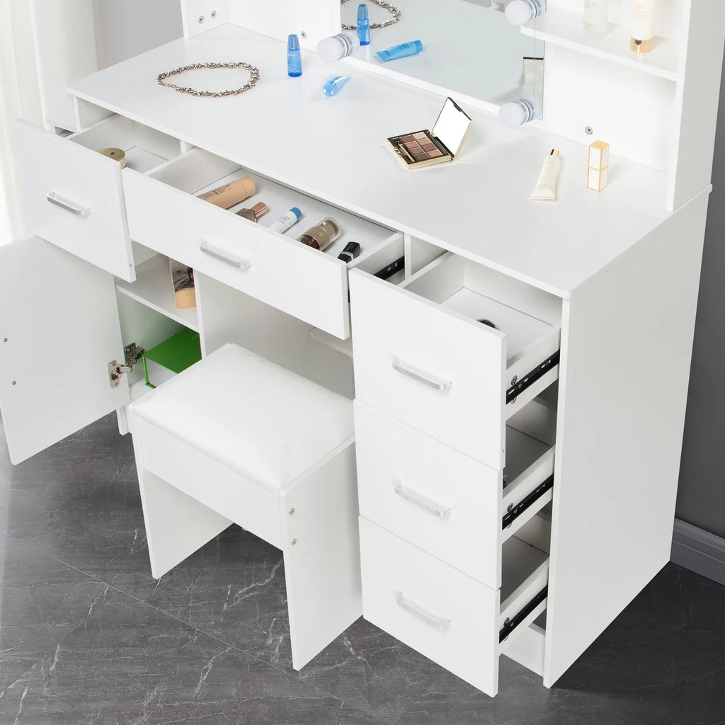 White Vanity Set with LED Lights, Stool, 5 Drawers I9974