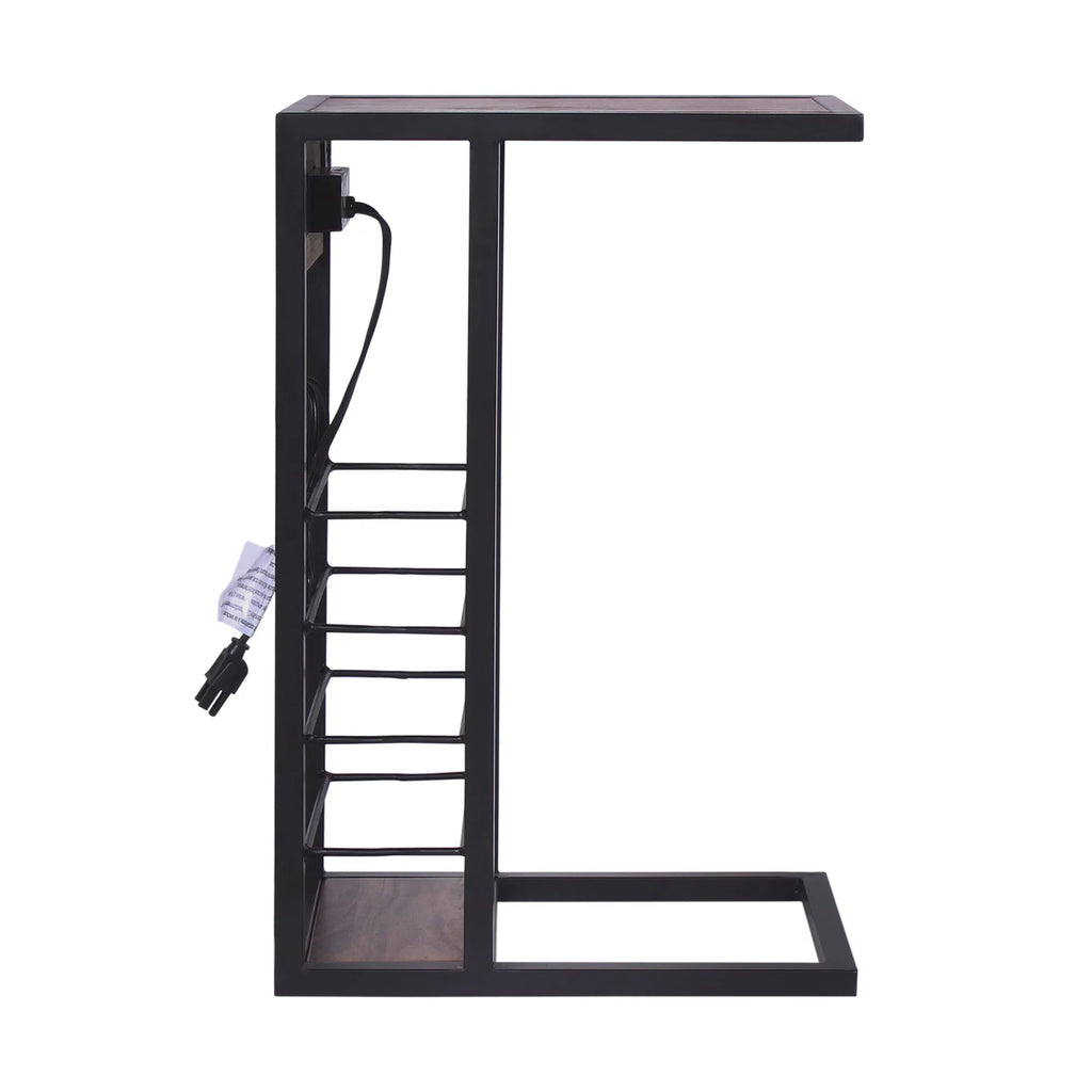 Dark Brown Wood & Metal Side Table with USB & Storage Rack V888