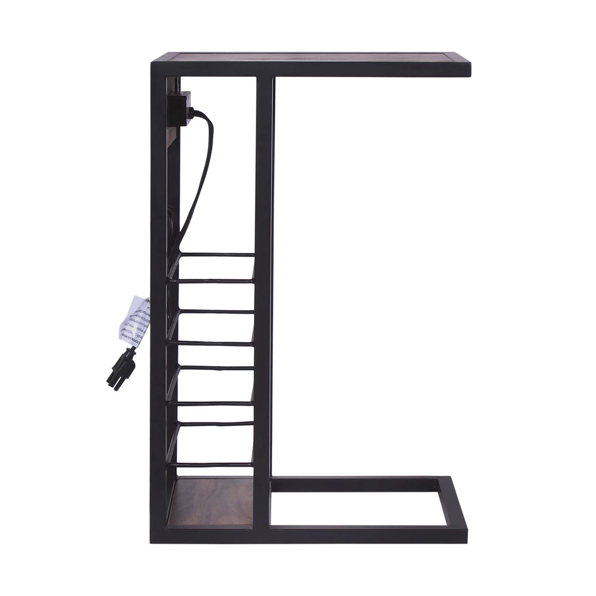 Dark Brown Wood & Metal Side Table with USB & Storage Rack V888