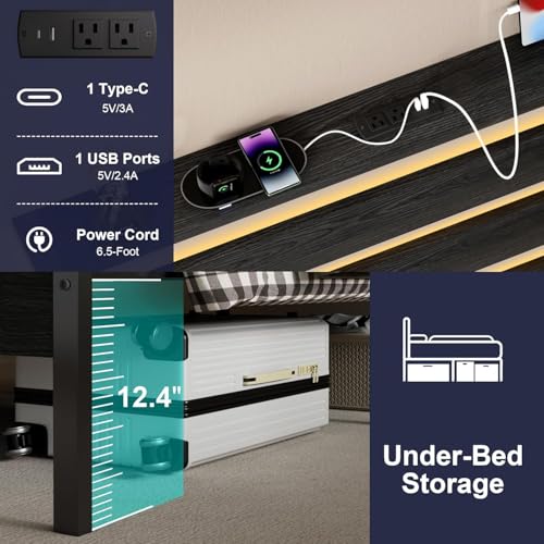 Black Twin Bed Frame with Storage Headboard and Charging Station W665060