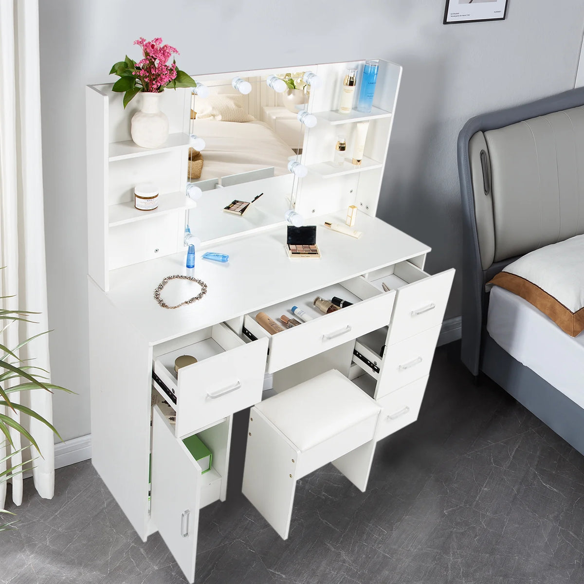 White Vanity Set with LED Lights, Stool, 5 Drawers I9974