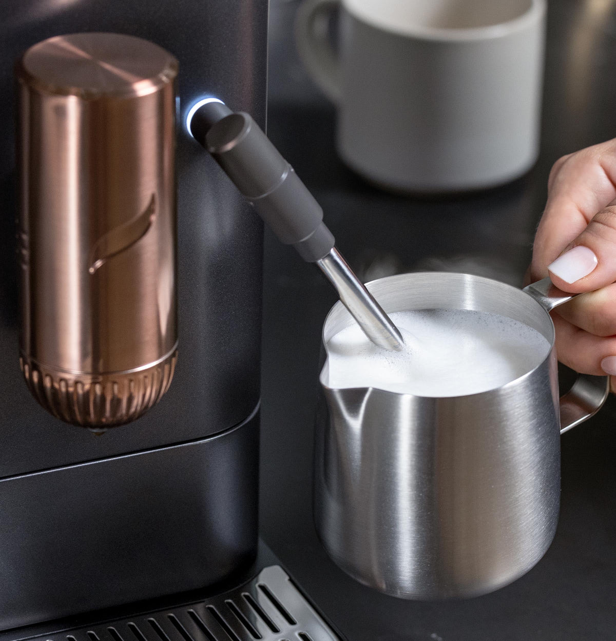 Automatic Espresso Machine with Milk Frother and Bean Grinder, Matte White 1.2 Liter T411