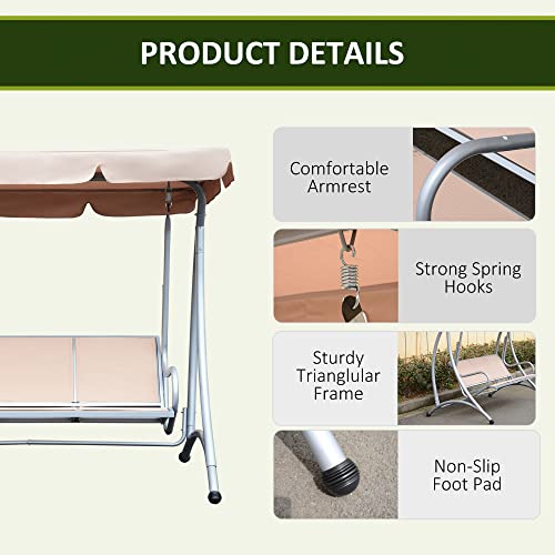 3-Seat Outdoor Porch Swing Chair with Adjustable Canopy and Steel Frame, Beige V895