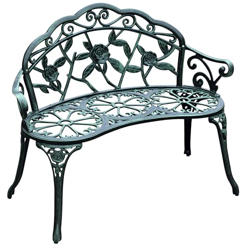Green Cast Aluminum Metal Bench with Floral Rose Accent C900581