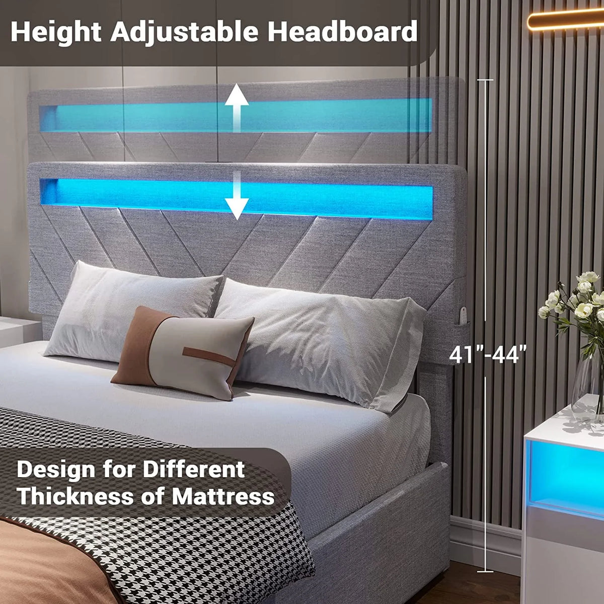 Queen Bed Frame with LED Lights Headboard, 4 Drawers, 2 USB Charging Station, Upholstered Platform Bed, Dark Gray Z366330