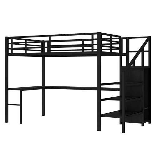 Full Size Black Metal Loft Bed with Desk and Wardrobe S53490