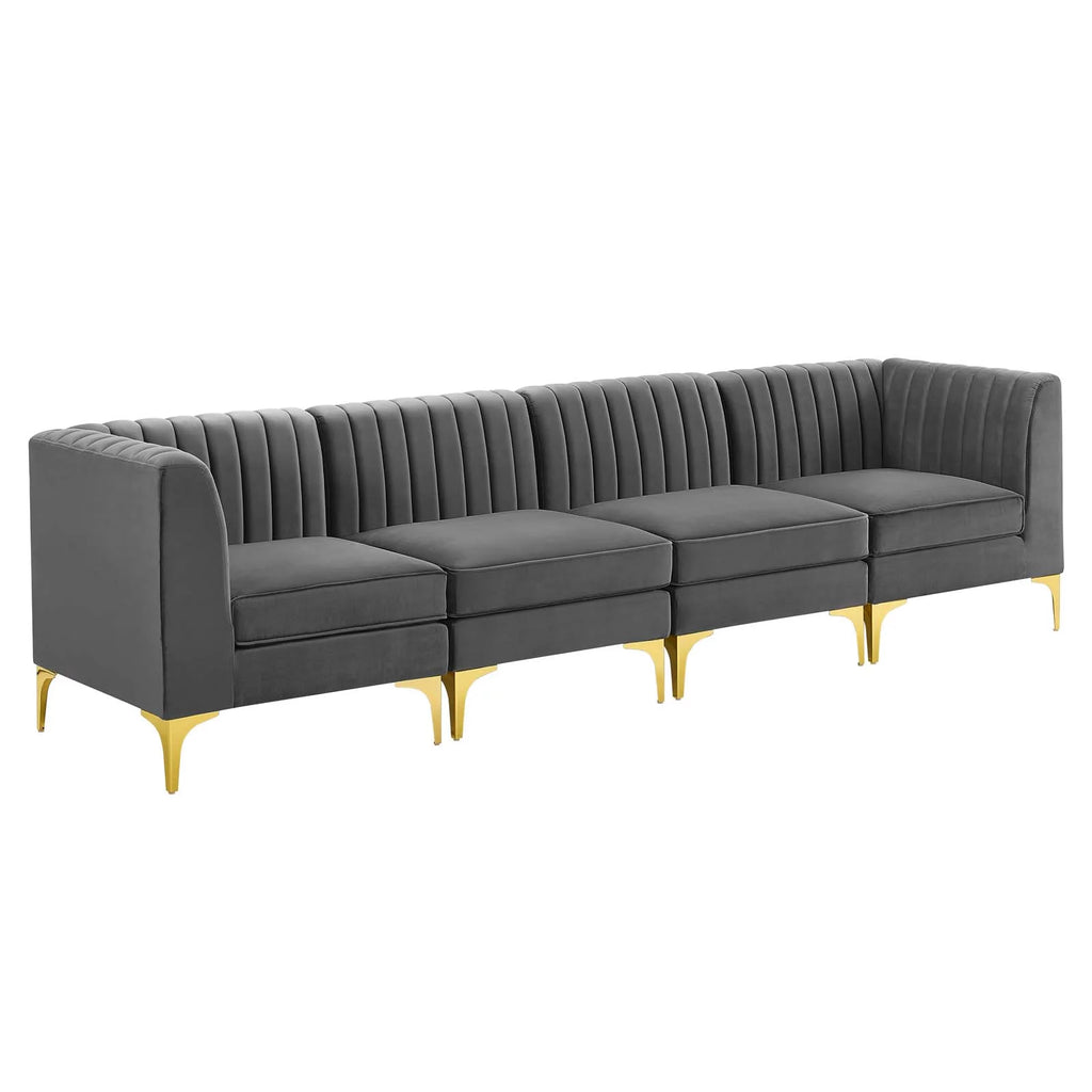 Gray Channel Tufted Performance Velvet 4-Seater Sofa V8362