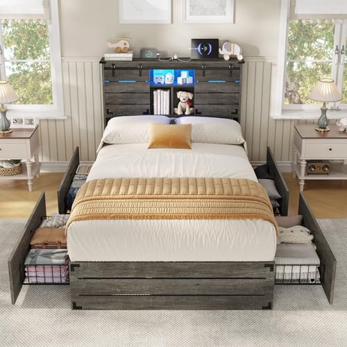 Queen Size Wooden Bed Frame with Bookcase Headboard and Storage Drawers S67456