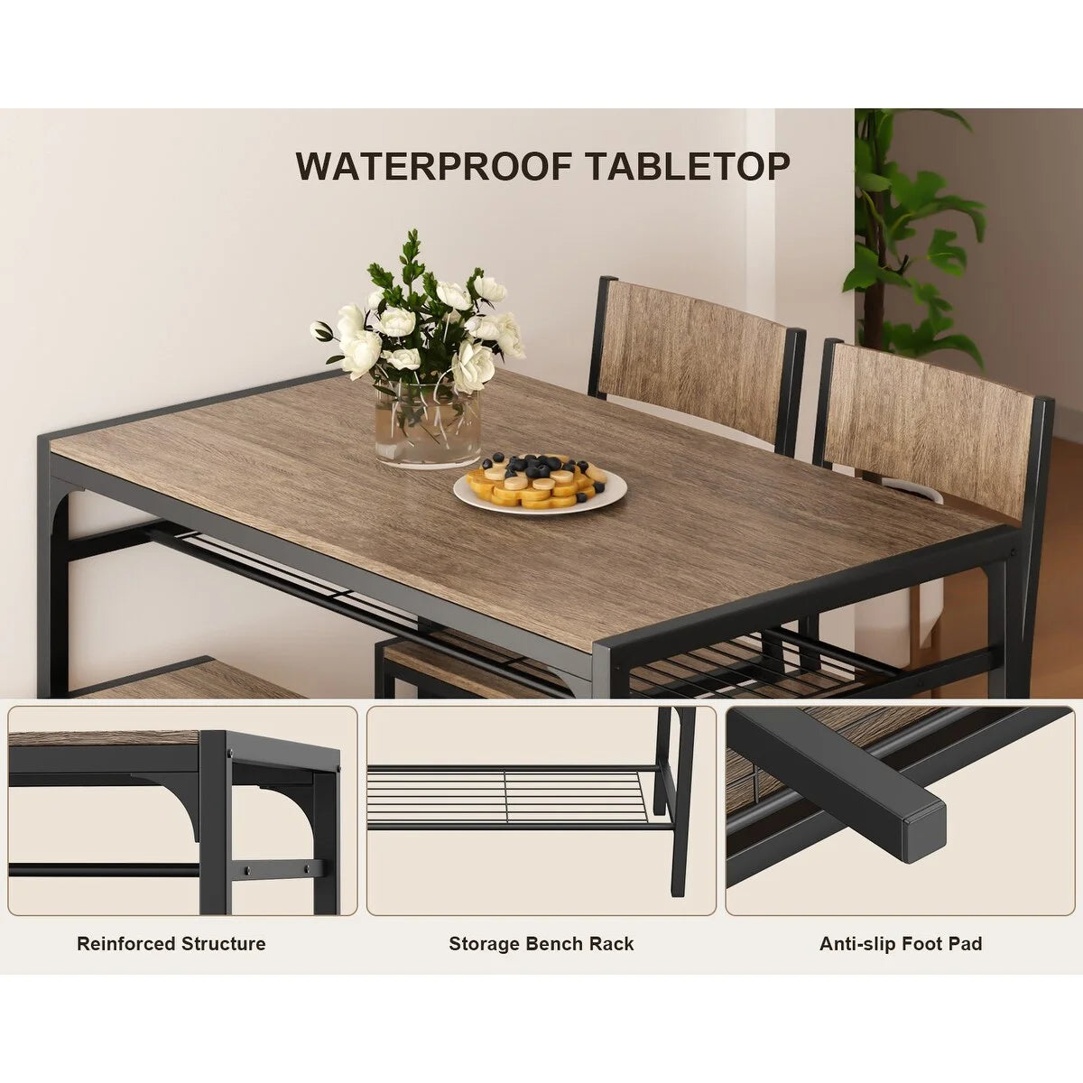4 Piece Kitchen Dining Table with 2 Chair and Bench Grey B93770