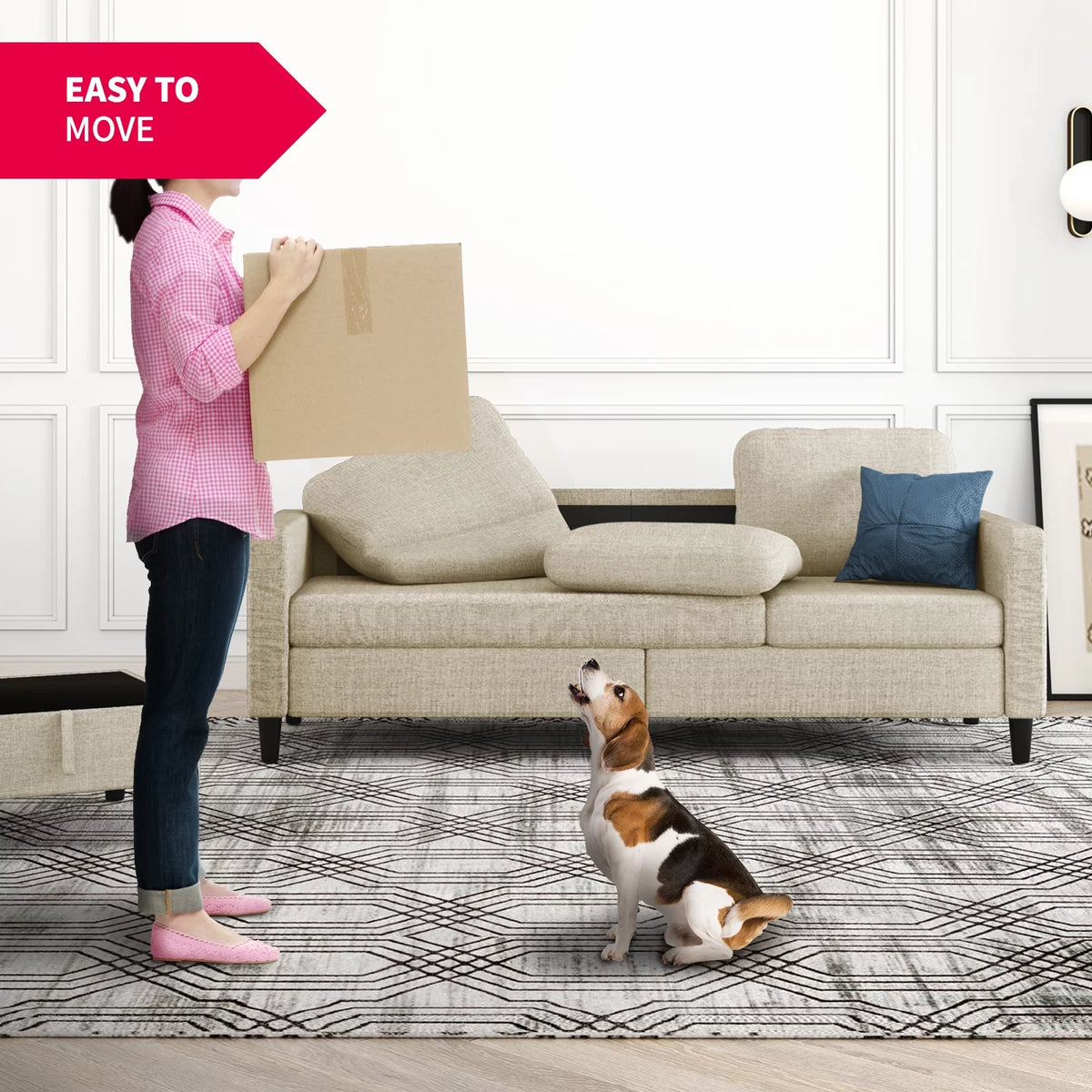 Beige Linen Sectional Sofa with Storage Ottoman L393