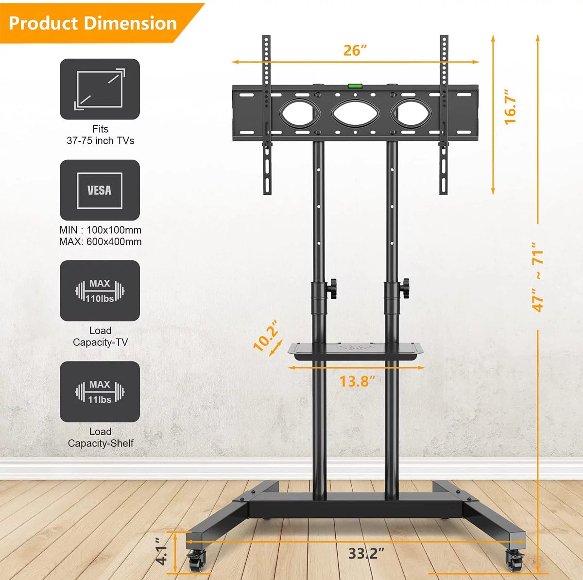 Black Rolling TV Cart for 32 to 65 inch TVs Z687