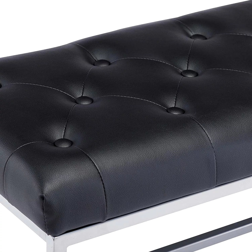 Black Tufted Leather Upholstered Bench with Metal Base D995715