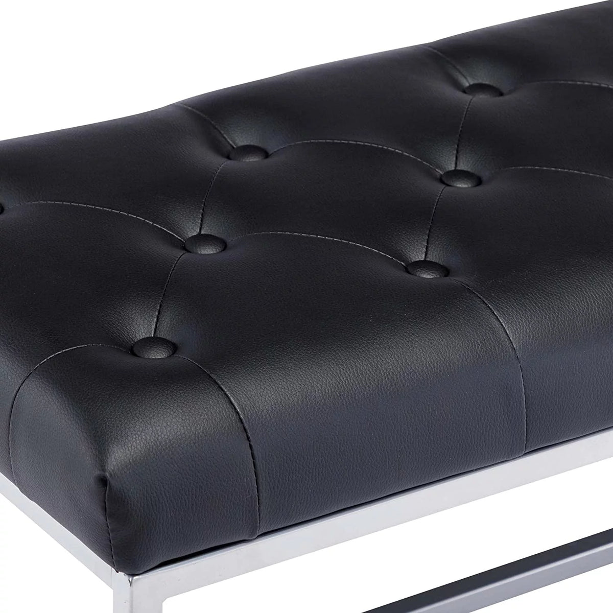 Black Tufted Leather Upholstered Bench with Metal Base D995715