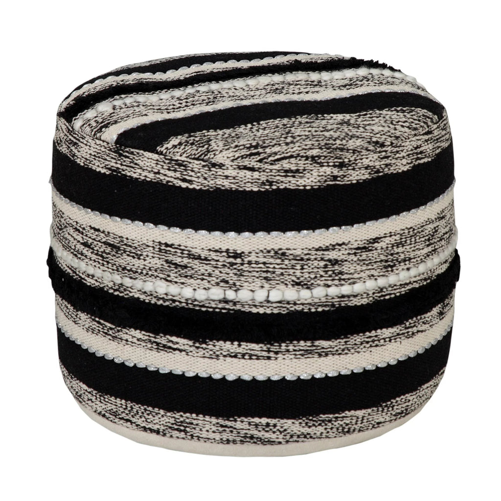 18" Black and White Geometric Striped Round Pouf Ottoman V759233