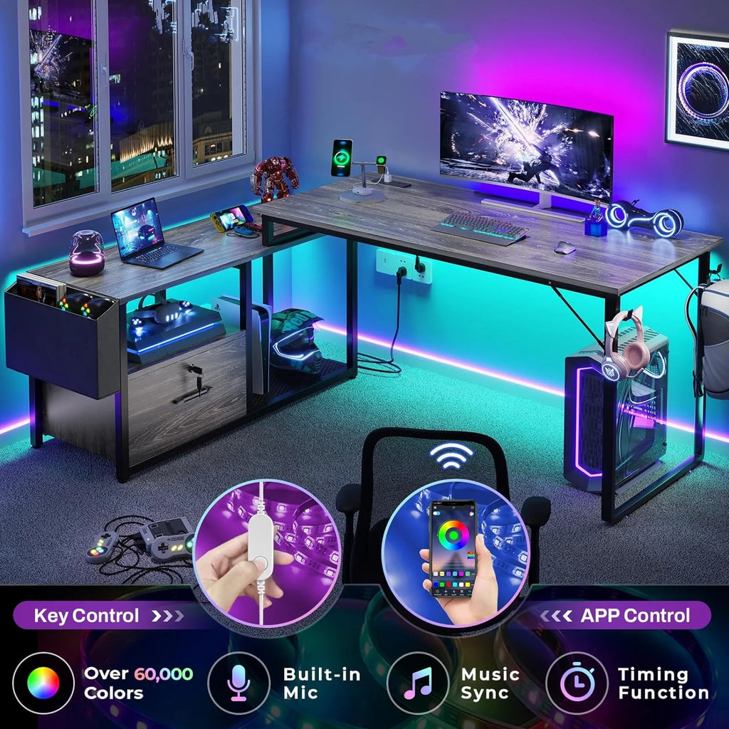 Reversible L Shaped Desk with LED Light & Power Outlet Y597