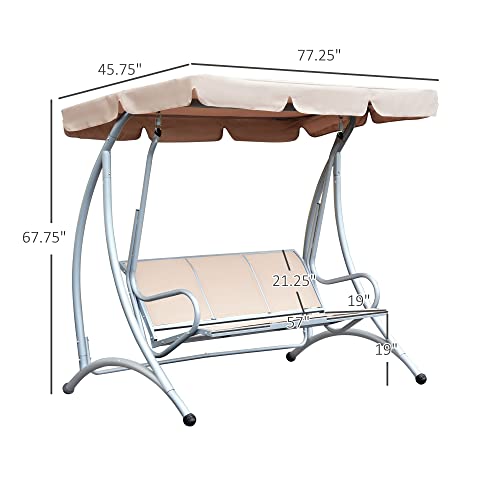 3-Seat Outdoor Porch Swing Chair with Adjustable Canopy and Steel Frame, Beige V895