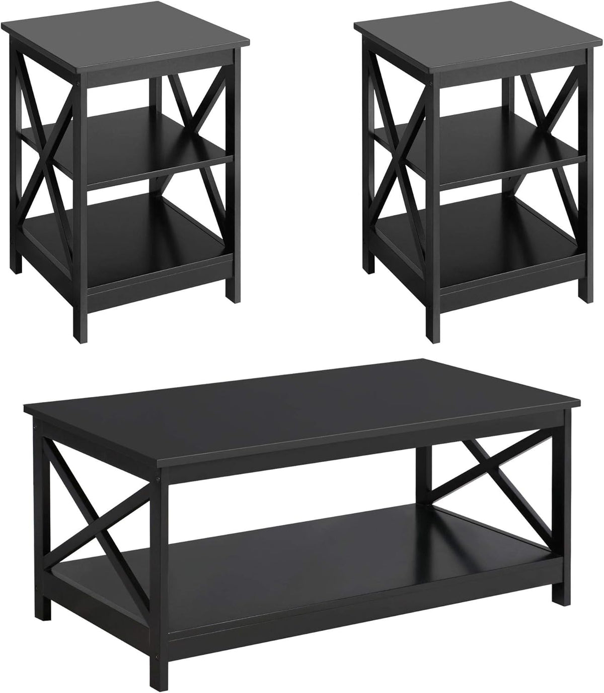 White 3 Piece Wood Table Set with Shelf and 2 End Tables N20488