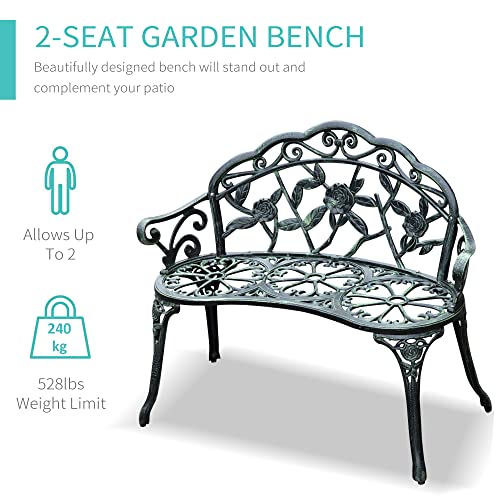 Green Cast Aluminum Metal Bench with Floral Rose Accent C900581