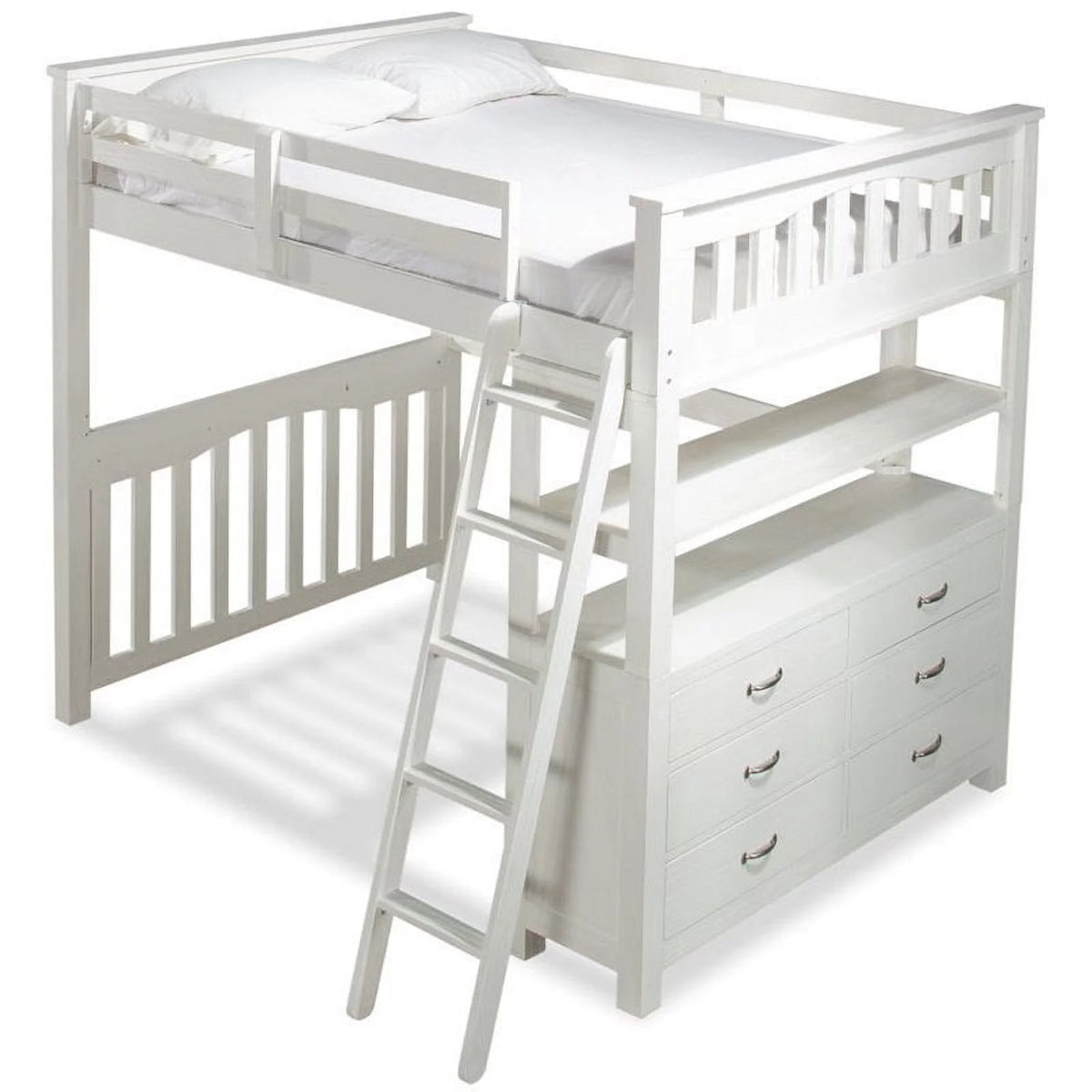 Solid Wood Full Loft Bed with Dresser in White A581