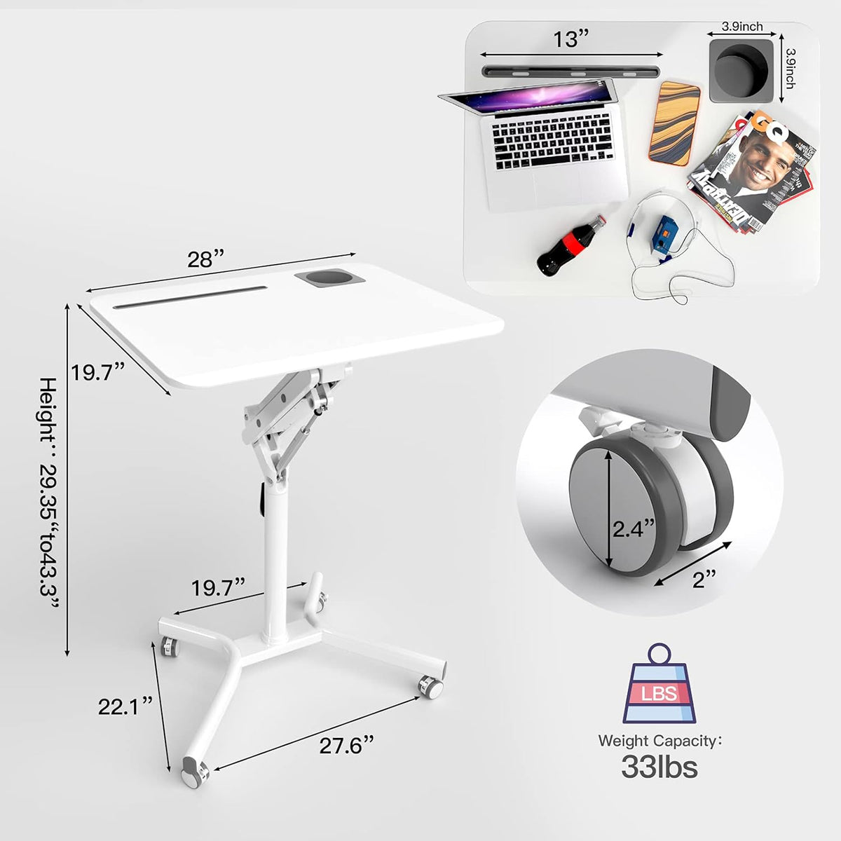 Pneumatic Height Adjustable Mobile Laptop Standing Desk D111