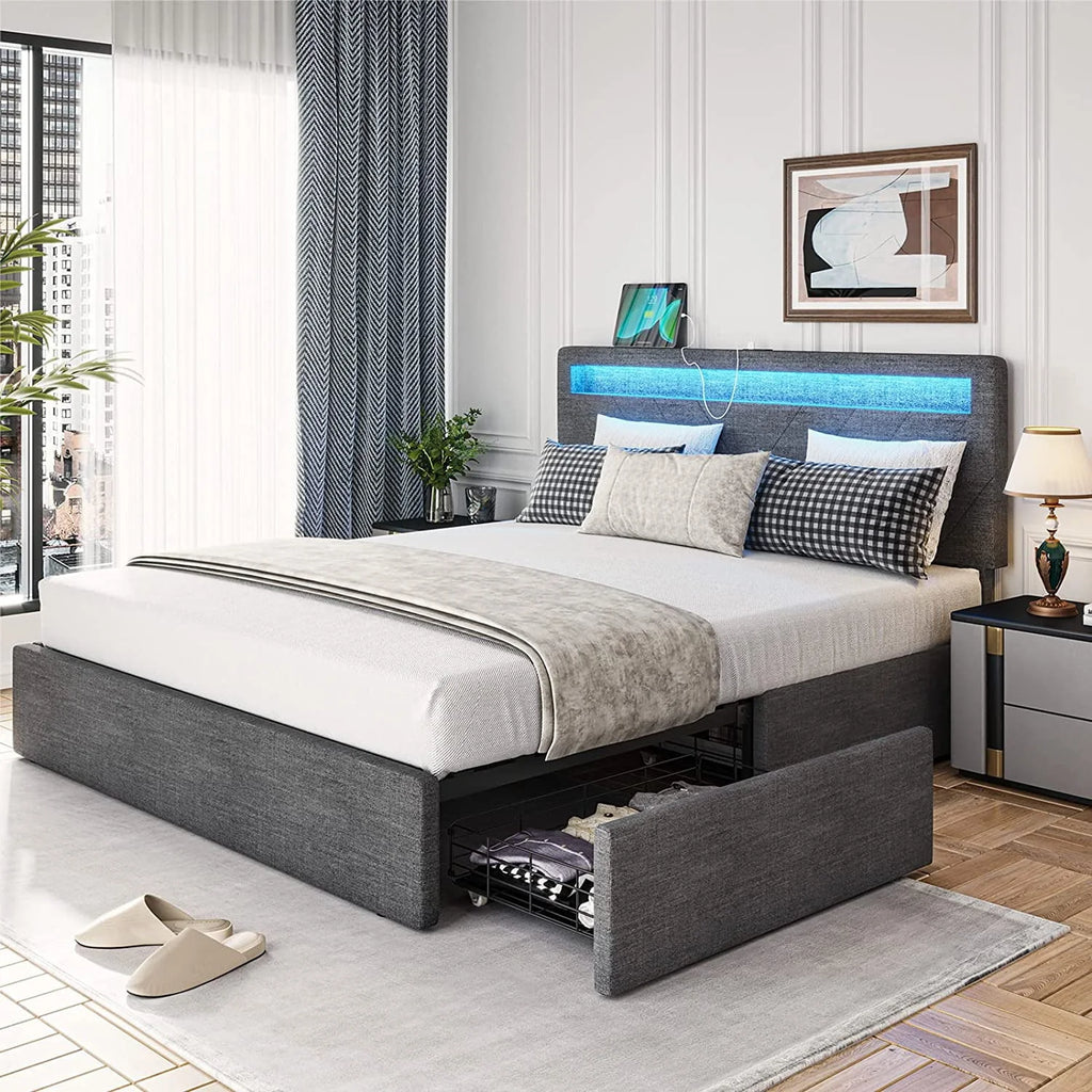 Queen Bed Frame with LED Lights Headboard, 4 Drawers, 2 USB Charging Station, Upholstered Platform Bed, Dark Gray Z366330