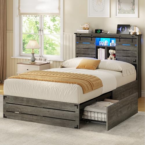Queen Size Wooden Bed Frame with Bookcase Headboard and Storage Drawers S67456
