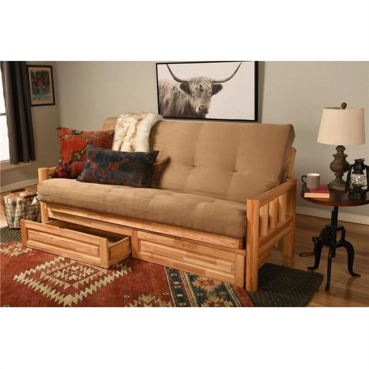 Natural Futon Frame with Mattress & Storage Drawers Full Size X313498