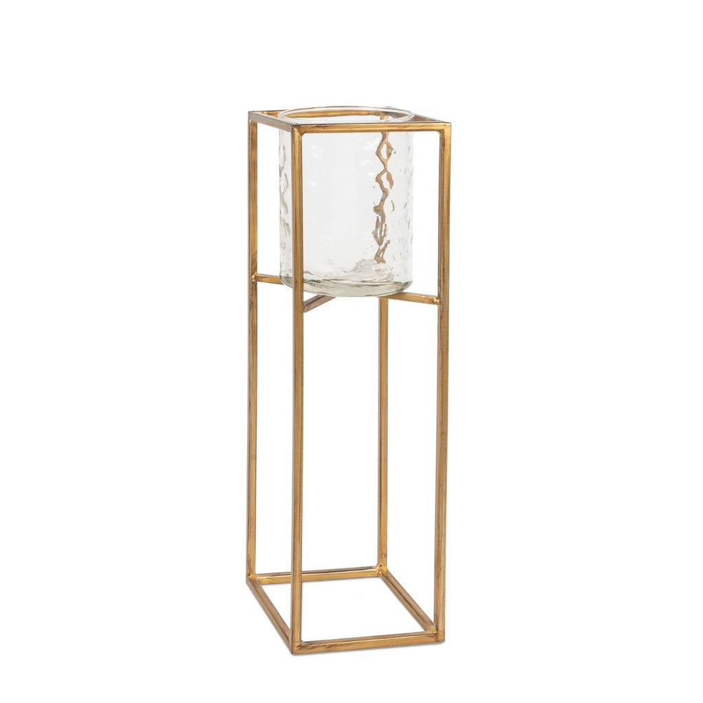 Textured Cylinder Glass and Gold Metal Candle Holder Set of 3 I776