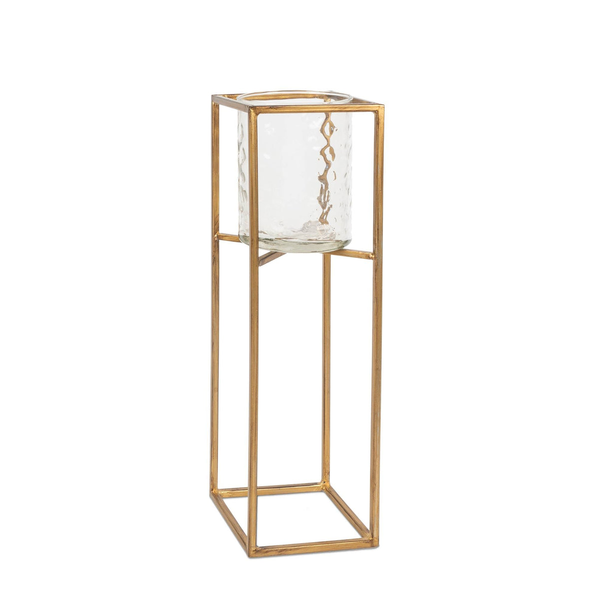 Textured Cylinder Glass and Gold Metal Candle Holder Set of 3 I776