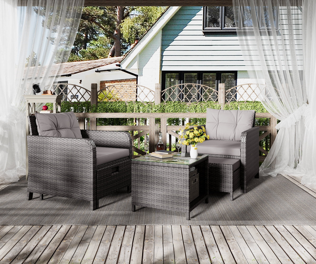5 Piece PE Wicker Patio Conversation Set with Cushions and Glass Table K7449