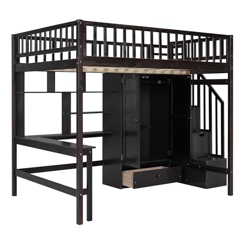 Full Size Espresso Wood Loft Bed with Wardrobe Desk Storage Stairs R45818