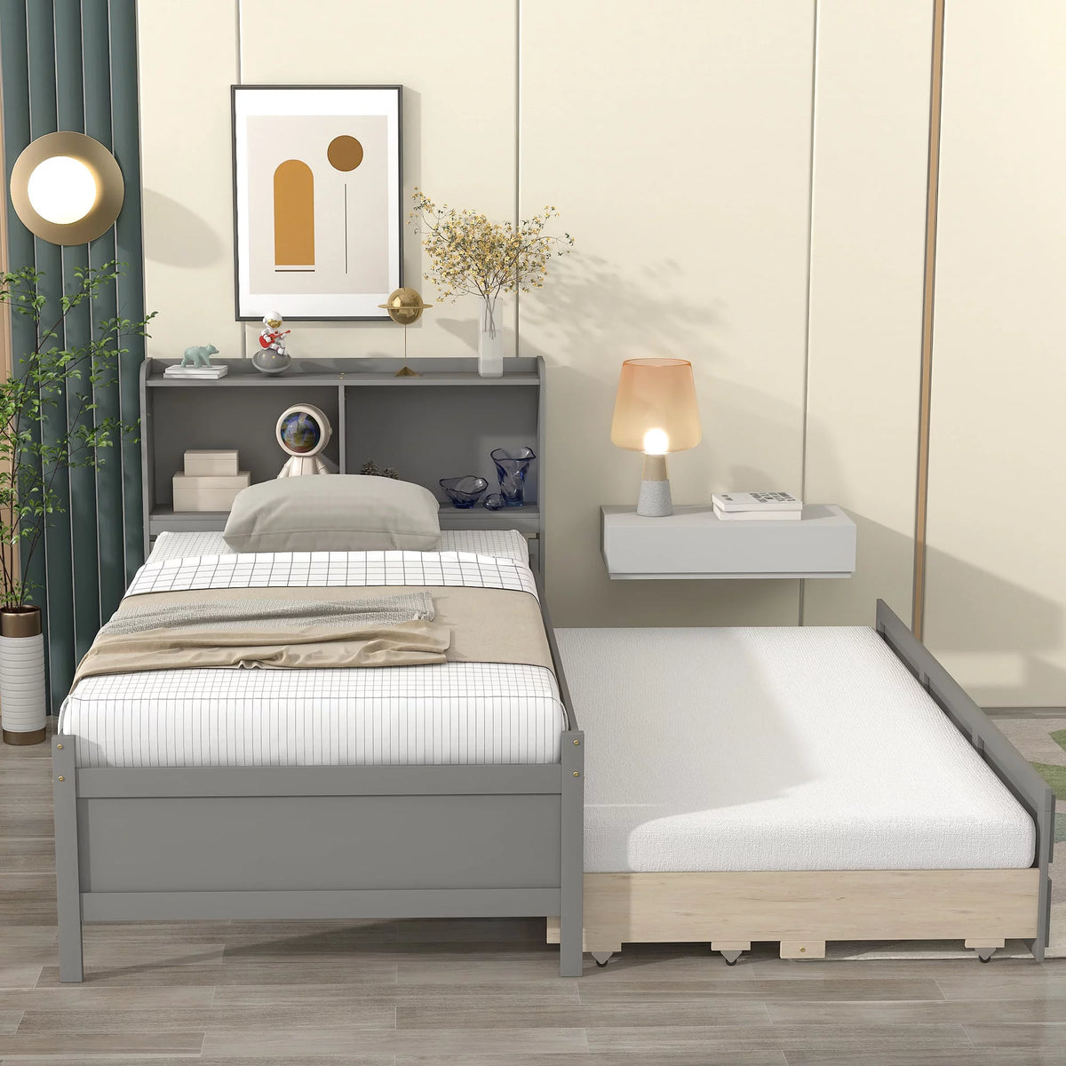 Twin Size Wooden Platform Bed with Trundle and 3 Storage Drawers M474