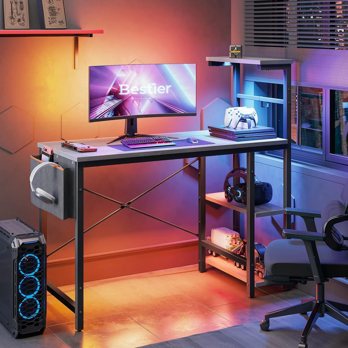 44 inch Computer Desk with LED Lights and Shelves V376
