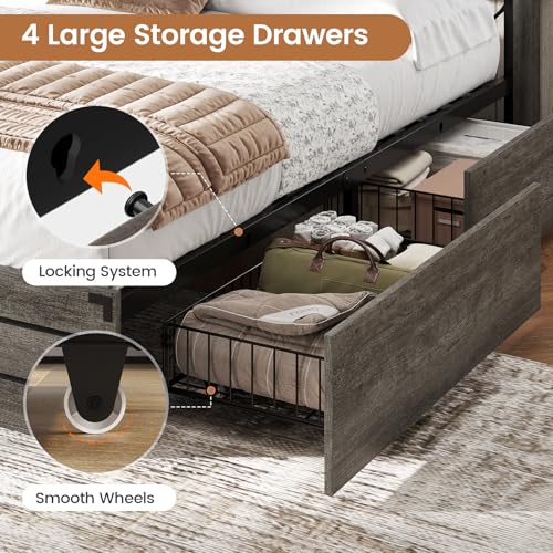 Queen Size Wooden Bed Frame with Bookcase Headboard and Storage Drawers S67456