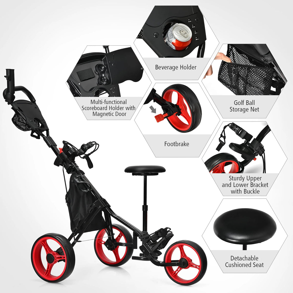 Folding 3 Wheels Golf Push Cart with Seat P897