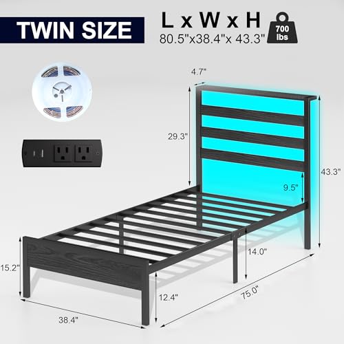 Black Twin Bed Frame with Storage Headboard and Charging Station W665060