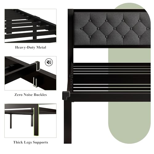 Full Size Black Metal Platform Bed Frame with Faux Leather Tufted Headboard M495250