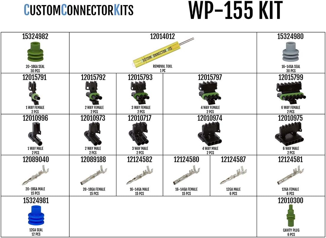 Sealed Weatherproof Automotive Electrical Connectors 155 Piece Kit with Crimp Tool N882