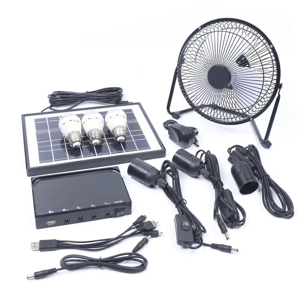 Solar Power Lighting System Kit with 3 LED Lights Fan Solar Panel V914432