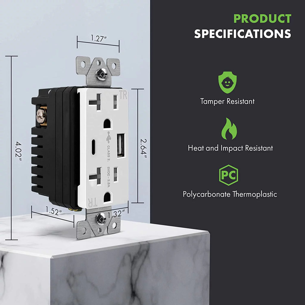 20 Amp USB Outlet with 2 USB Charging Ports, White, 2 Pack M830182