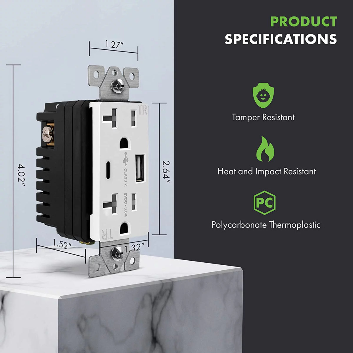 20 Amp USB Outlet with 2 USB Charging Ports, White, 2 Pack M830182