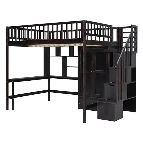 Full Size Espresso Wood Loft Bed with Wardrobe Desk Storage Stairs R45818
